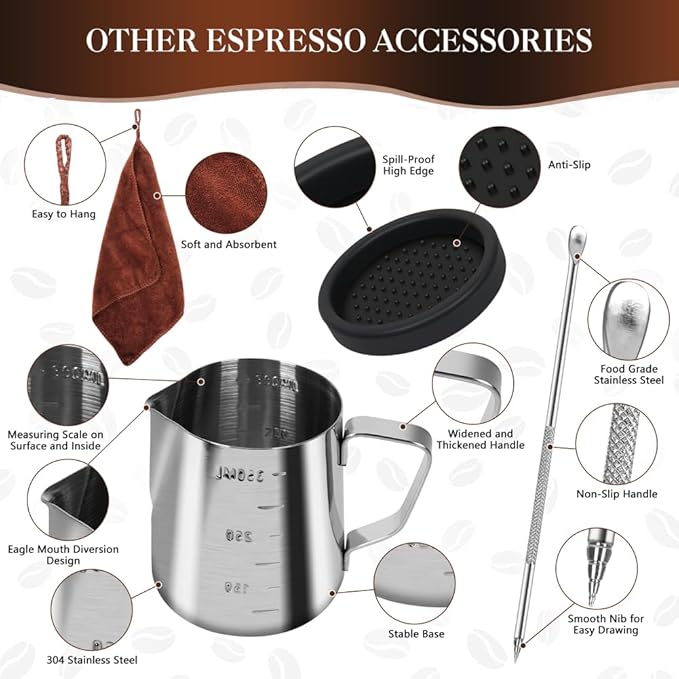 Y-Step 58mm Espresso Accessories Kit, 23 PCS Coffee Tamper Set Barista Tools Kit, with Sandalwood Espresso Tamper, Coffee Stirrer, Frothing Pitcher, Tamper Mat, Latte Art Pen for Espresso Machine