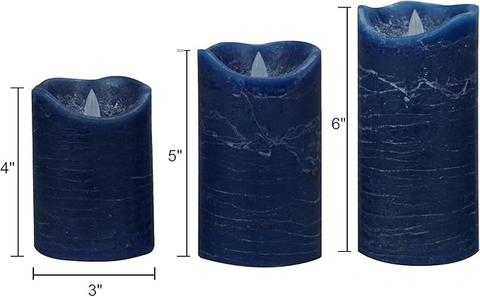 CANDLE CHOICE Real Wax Battery Operated Flameless Candles with Automatic Daily Cycle Timer Realistic Flickering Electric LED Pillars Wedding Party Holiday Decorations Set of 3 Rustic Texture Navy Blue