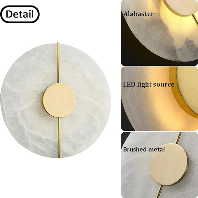 White Alabaster Wall Sconce Brass Natural Marble Wall Sconce Vintage Gold Round Store Modern LED Wall Light Fixture Mid Century Wall Mounted Lamp for Bedroom Hallway Living Room Bathroom