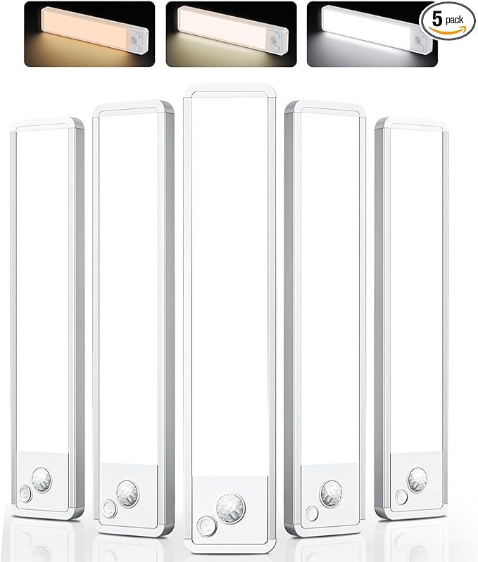 Under Cabinet Lighting: 10 Inch 3-Color Dimmable Rechargeable Motion Sensor Lights Indoor - Battery Operated Lights - Closet Light Magnetic Led Light for Kitchen Home Bathroom Counter 5 Pack
