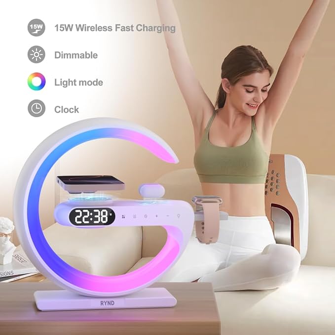 RYND 2026 Magnetic 5 in 1 Speaker Alarm Clock with Wireless Charger, Bedside Lamp with Adjustable Night Light, Gift for Family/Friends(White)