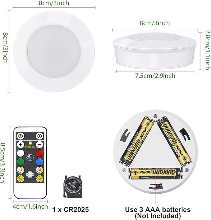 Wireless LED Puck Lights with RF Remote(3-Pack), Battery Operated Under Cabinet Lights, Color Changing Stick On Lights,Dimmable Tap Light with Timmer for Closet Bedroom Kitchen Drawer Counter