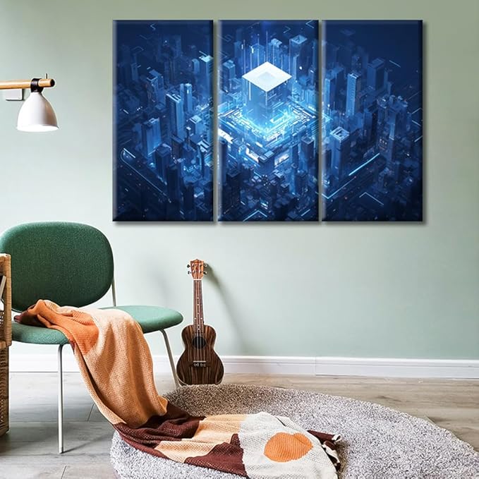 CPU Concept Wall Art Painting Abstract Cube Shape Wall Art Canvas Prints Picture Smart City Stretched and Framed For Living Room Decor Office Wall Decor Home Decoration (36"Wx24"H)