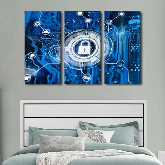 Framed Wall Art 3 Panels Cybersecurity and Secure Nerwork Concept Pictures Print On Canvas for Living Room, Data Protection Artwork Wooden Framed Ready to Hang, 60" Wx40 H