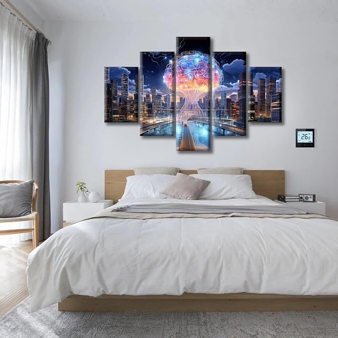 5 Pieces City Smart Brain Canvas Wall Art for Living Room Human Brain Energy Large Wall Art Brain Nervous System Modern Artwork Print On Canvas Ready to Hang for Bedroom Office (60"Wx40"H)