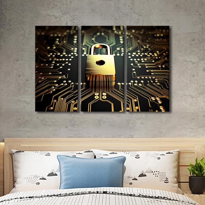 Wall Art for Living Room 3 Panel Golden Padlock on Circuit Board Created with AI Pictures Print on Canvas for Home Office Wall Decorations, Data Security Concept Artwork Ready to Hang, 42"Wx28"