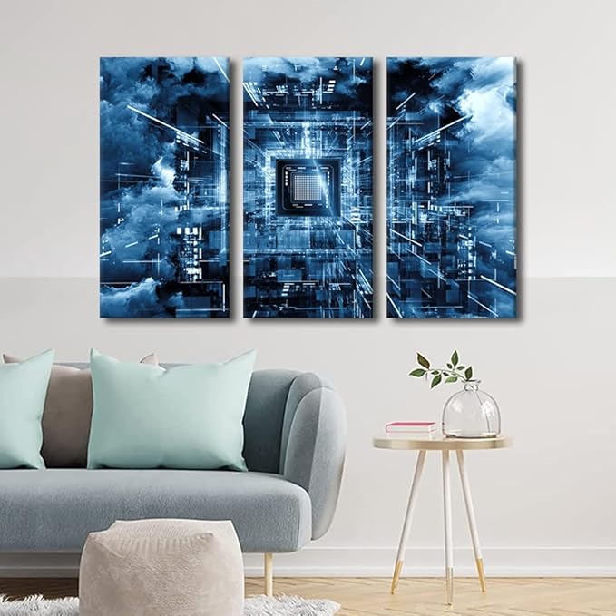 Black and White Wall Art CPU Concept Posters Prints Artwork Computer Chip Canvas Art Contemporary Rustic Wall Decor Stretched Canvas Picture for Living Room Bedroom Ready to Hang(28" Wx42 H)