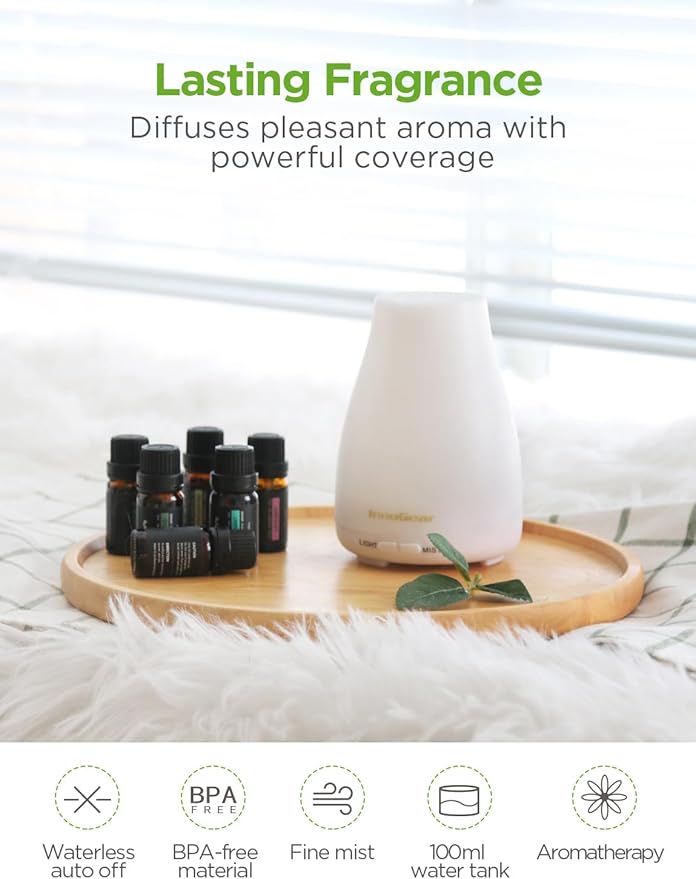 InnoGear Essential Oil Diffuser with Oils, 100ml Aromatherapy Diffuser with 6 Essential Oils Set, Aroma Cool Mist Humidifier Gift Set, White