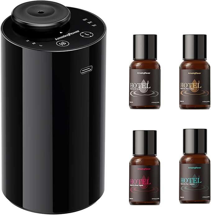 Waterless Essential Oil Diffuser with 4 x 10mL Hotel Scent Fragrance Oils, Rechargeable Car Diffuser Air Freshener Machine, 3 Timer & 3 Mist Modes, Aromatherapy Kit for Home