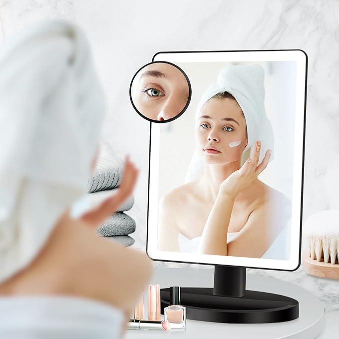 FUNTOUCH Large Lighted Makeup Mirror with Lights, 3 Color Lighting Modes Light Up Mirror with 88 LED, 10X Magnification and 360° Rotation Touch Screen Tabletop Cosmetic Vanity Make Up Mirror (Black)