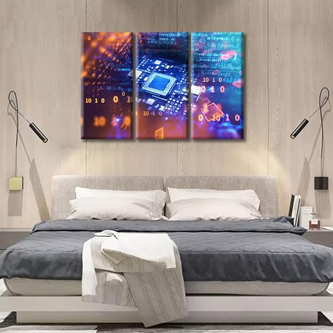 3 Pieces Motherboard Digital Chip Home Decor Information Concept Modern Artwork Wall Art for Living Room Giclee Wooden Framed Gallery-Wrapped Ready to Hang (36" Wx24 H)