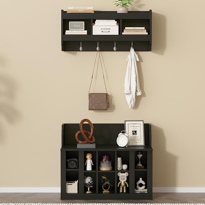 Contemporary Shoe Storage Bench with Wall Mounted Coat Rack, Elegant Hall Tree for Entryway, Mudroom, Black