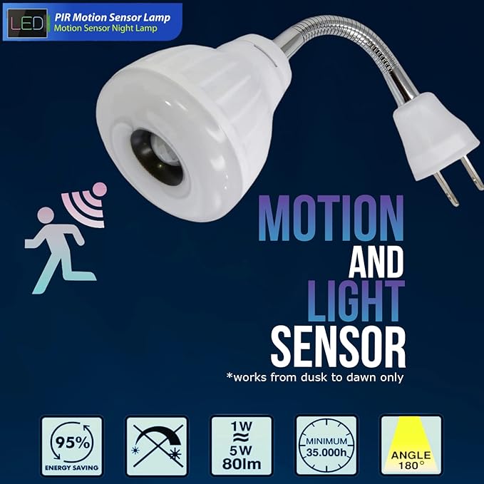 LED Motion-Activated Sensor Dusk to Dawn PIR Night Light AC Outlet Directional Flexible Rotatable 360 Socket Plug-in Wall Stairs Lamp Indoor Closet Cabinet Toilet Garage Ceiling Basement 5W 6500K