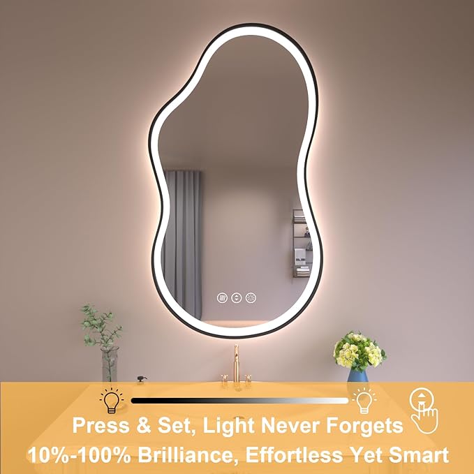 WTTY LED Irregular Bathroom Mirror 24x36 Inch with Front & Back Lights - Asymmetrical Design, Anti-Fog, Dimmable 3 Color Temperatures, Shatterproof Glass, Horizontal or Vertical Mount (Black Frame)