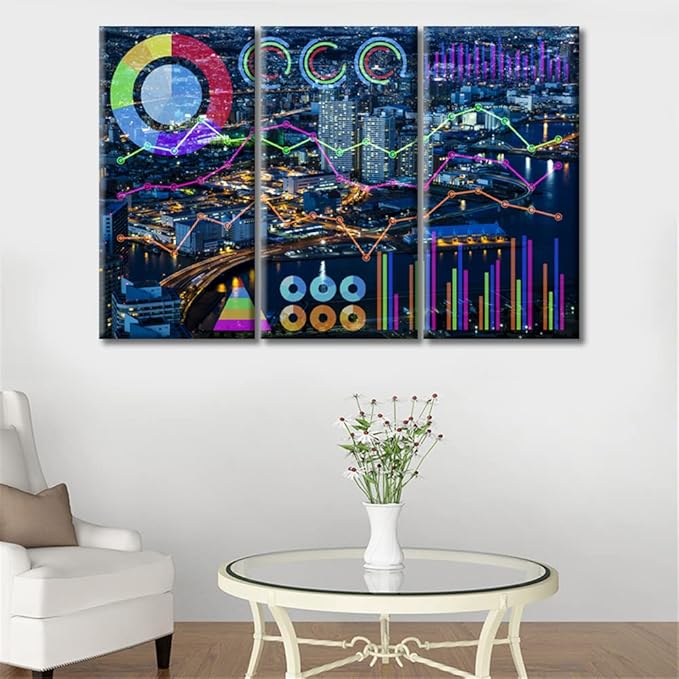 TUMOVO 3 Pieces Modern Smart City and Information Technology Abstract Paintings Black and White Wall Media ArtVarious Charts Pictures Rustic Home Decor Modern Home Decor Ready to Hang (36" Wx24 H)