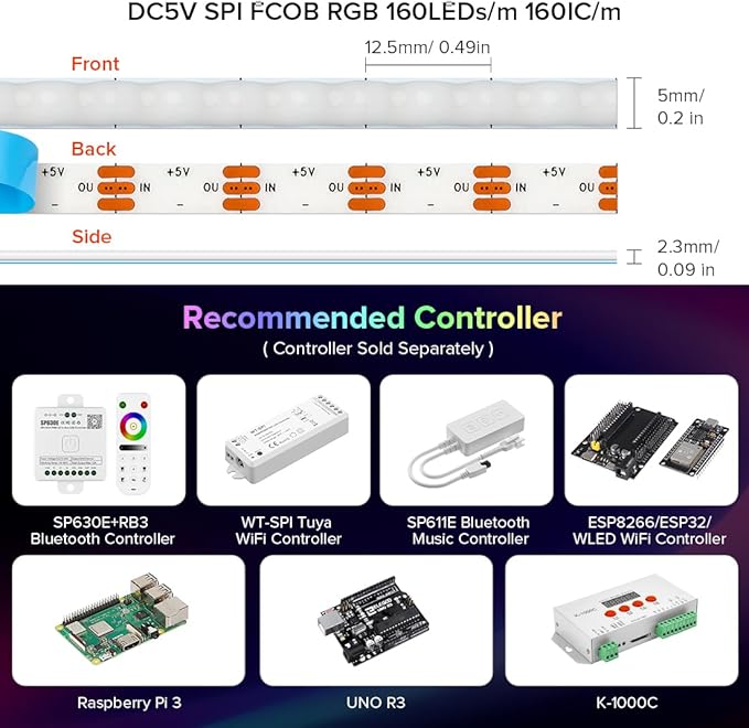 BTF-LIGHTING FCOB COB XGB1338(WS2812B) IC RGB 160LED/m 320IC LED Strip DC5V 6.5FT Individual Addressable Flexible High Density Uniform Light Dream Chasing Color 0.19in Width(NO Adapter or Controller)