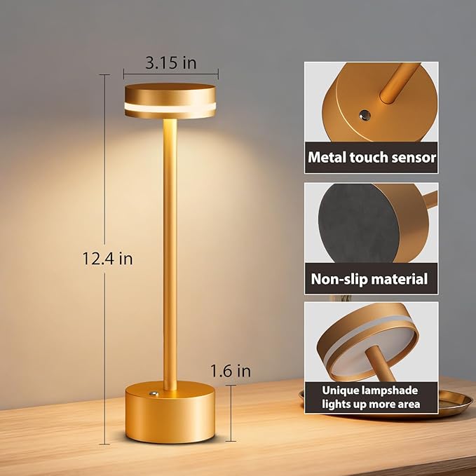 Gold Modern Cordless Table Lamp Rechargeable, Aluminum Touch Lamp & 4000mAh Battery Operated, 3000K LED Table Lamps for Home Decor, Dining, Reading, Desk, Bedroom, Gift