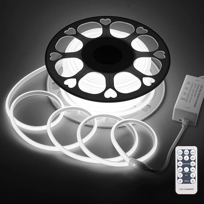 Aclorol AC 100-120V 65.6FT White COB LED Strip Lights Outdoor Waterproof Dimmable COB Light Strip Cold White 6000K Plug and Play for Commercial Building Lighting 288Leds/M with Remote Control