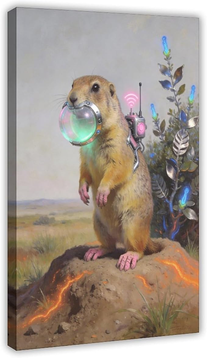 Framed Steampunk Mechanical Prairie Dog Wall Art - Retro-Futuristic Wilderness Poster for Living Room Game Room Decor 12x18inch(30x45cm)