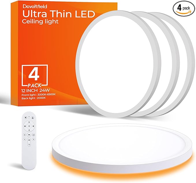 4Pack Dimmable LED Flush Mount Ceiling Light Fixture with Remote Control, 24W 2400LM, 12Inch, 2000K Warm Night Light & 3000K-6500K, Modern Super Slim Ceiling Lamp for Bedroom Kitchen, White