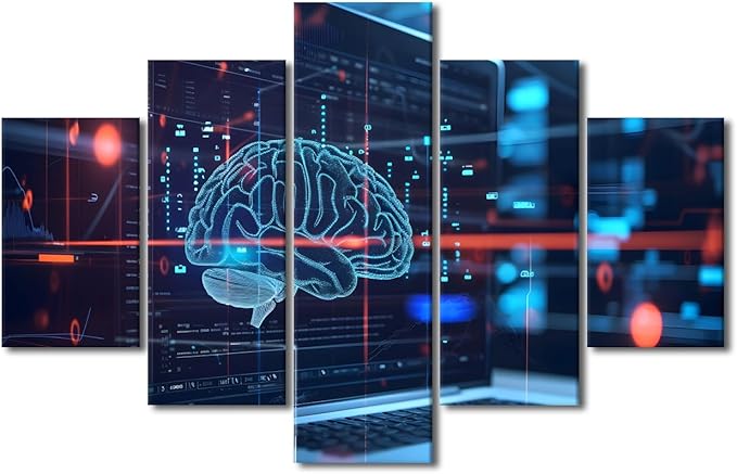 TUMOVO 5 Panel Artificial Intelligence Concept with Human Brain Wall Art for Bedroom Large Living Room Wall Decor Digital Brain on Modern Computer Background Poster Framed Ready to Hang 60" Wx40 H
