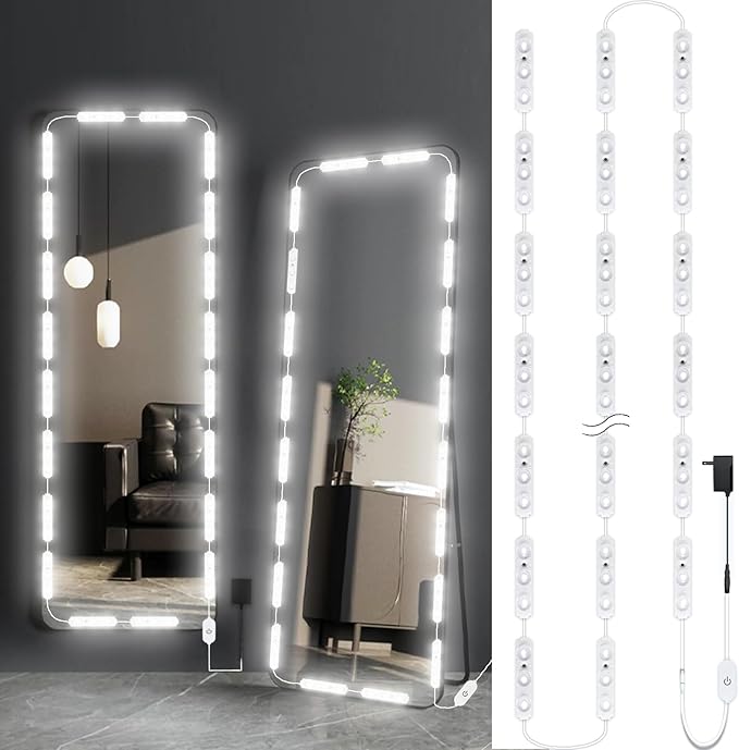 LED Vanity Mirror Lights, Hollywood Style Makeup Light, 14FT/6000K/Dimmable/12V Adapter/Self-Adhesive Full Body Vanity Lights, Lighting for Makeup Floor Mirror & Bathroom