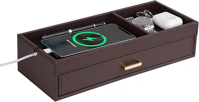 HofferRuffer Valet Jewelry Tray Organizer with Drawer, Faux Leather Storage Catchall Box Phone Charging Station Tray with Dresser Nightstand Desktop Drawer Organizer (Dark Brown)
