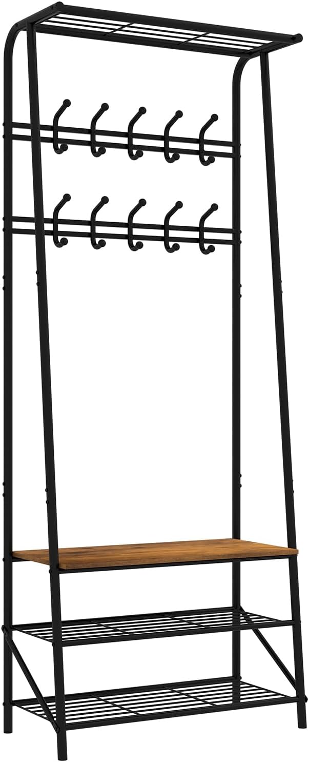 Jojoka 25" Coat Rack, Hall Tree with Shoe Bench and Storage, 4-Tier Shelf with 10 Hooks, Freestanding Metal Entryway Organizer for Hallway, Accent Furniture for Bathroom
