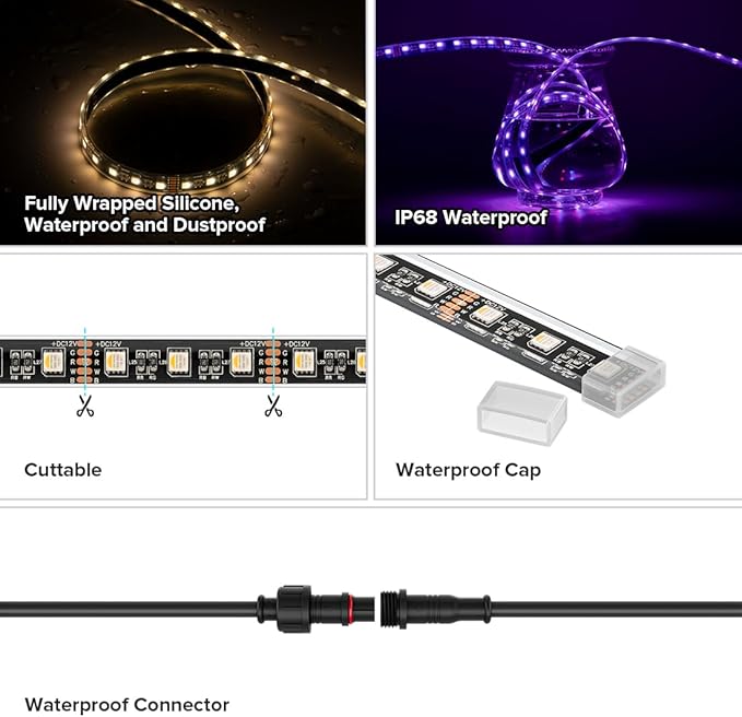 BTF-LIGHTING IP68 Waterproof Outdoor RGBW LED Strip 5050SMD RGB+Warm White(3000K-3500K) 4 Colors in 1 DC24V 16.4ft 5m 60LED/m Multi-Colored Tape Lights for Kitchen Decoration(No Adapter or Controller)