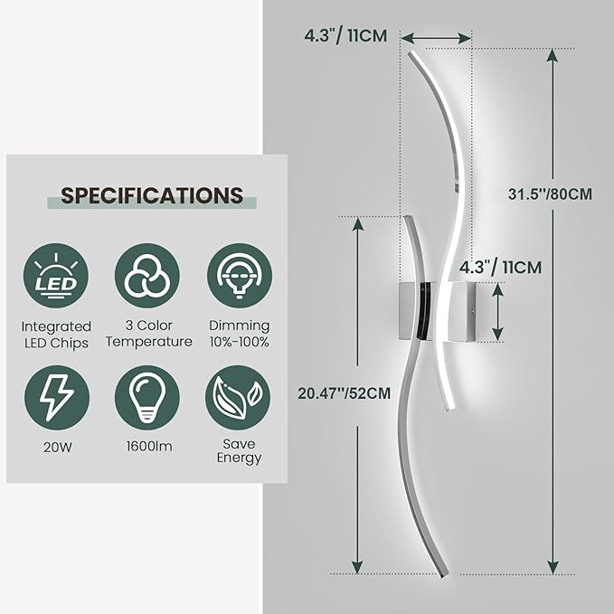 CANEOE Modern Wall Sconce Set of, 5CCT Dimmable Indoor Led Wall Sconce Lighting Set of 2, 31.5 Inch Wall Light Fixtures, Chrome Led Wall Lamps for Living Room Bedroom Bathroom Hallway