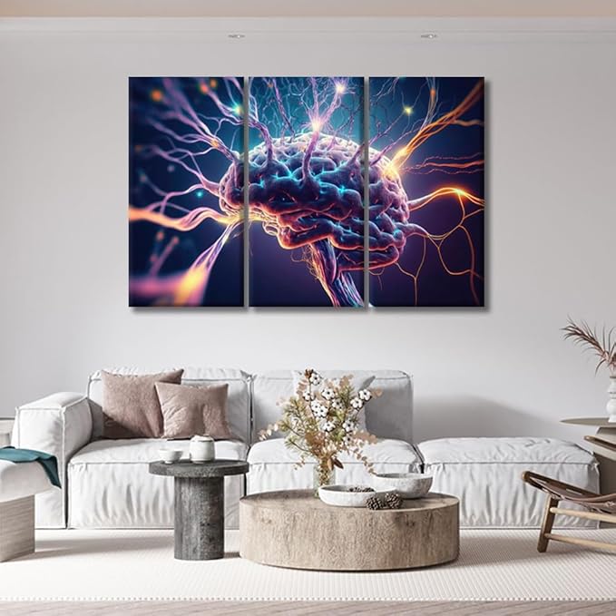 LSIUHWUWI Modern Wall Art 3 Panel Human Brain Neurons Firing and Neural Extensions Pictures Print on Canvas for Wall Art Decoration, Wooden Frame Artwork Ready to Hang 20x40inchx3