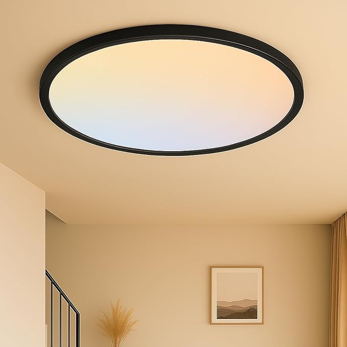 MOONSEA 16 Inch Flush Mount Ceiling Light Fixture 28W - LED Ceiling Kitchen Lights Fixtures 2800lm, 3000K/4500K/6000K Adjustable Light Fixture Ceiling Mount, Dimmable Thin Light for Bathroom,Black