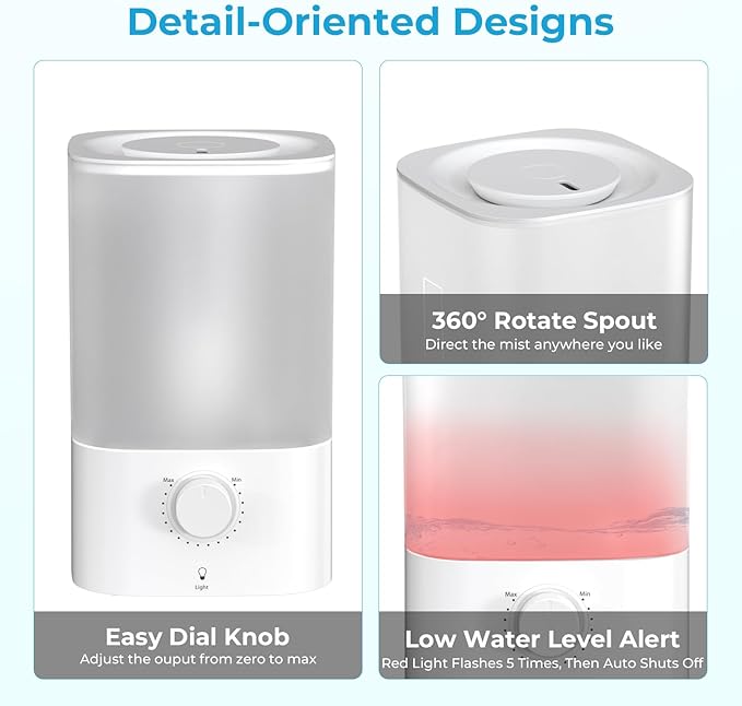 Top-Fill Cool Mist Bedroom Humidifier for Plants & Baby Nursery, 3.2L Large Capacity for up to 40H Runtime, Ultra Quiet <28dB, 3 IN 1, 5μm Fine Mist, BPA-Free for Living Room, Desk, Office