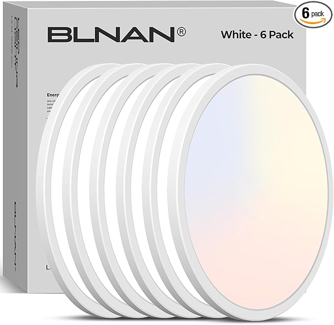 BLNAN LED Flush Mount Ceiling Light, 12 Inch 24W 3000K 4000K 5000K Hardwire Light Fixture, Ultra Thin Round White Lamp for Kitchen Porch Bedroom Hallway Stairwell Basement, Non-dimmable 6 Pack