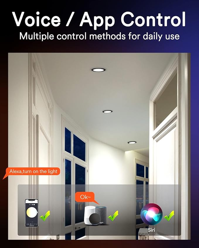 Lumary Black Smart Recessed Lighting 4 Inch, 9W 780LM Color Changing LED Downlight with J-Box, Dimmable Canless Wafer Light, Compatible with Alexa/Google Assistant/BT Remote, ETL Listed, 4 Pack