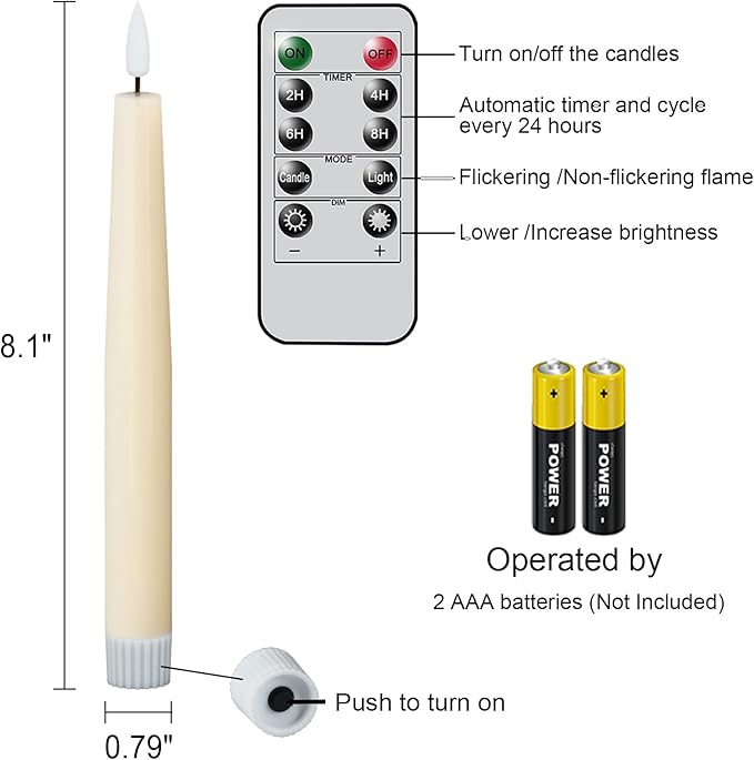 Flameless Taper Candles Battery Operated with Remote Timer, Real Wax LED Taper Candles with 3D Flickering Wick, 4 Pack Ivory Flameless Candlesticks for Spring Wedding Home Bedroom Decor