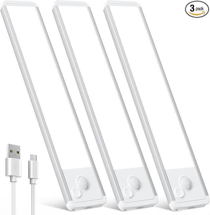 Under Cabinet Motion Sensor Lighting: 12 Inch Dimmable Rechargeable Lights Indoor - Battery Operated Lights - Undercabinet Closet Light Magnetic Led Light for Kitchen Home Bathroom Counter 3 Pack