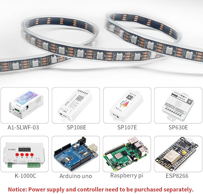 WS2812B IC RGB 5050SMD ECO Individual Addressable LED Strip Light, 16.4FT 300LED 60LED/m Flexible Full Color IP67 Waterproof DC5V Black PCB for DIY Project (No Power Adapter or Controller)