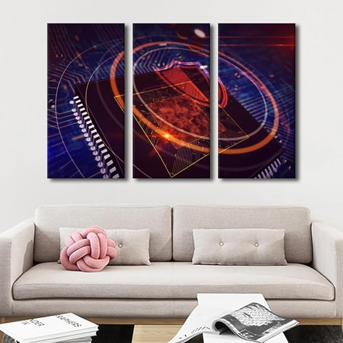 Framed Wall Art Internet Security Canvas Wall Art 3 Panels CPU Posters Pictures Print on Canvas for Living Room Bedroom Wall Decoration Gallery-Wrapped Ready to Hang, 60" Wx40 H