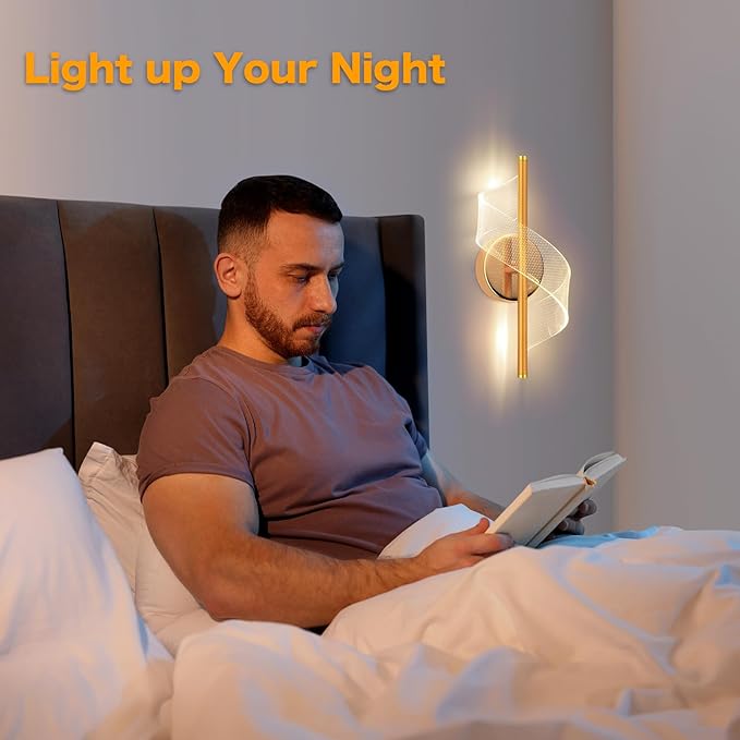 Modern LED Wall Sconce - 12" Height Spiral Wall Lamp with Acrylic Shade - 3000K 4000K 6000K Indoor Hardwired Wall Fixture for Bedroom Living Room Hallway Corridor (Gold 1pack)