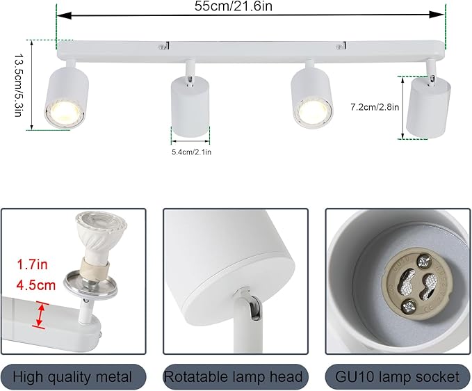 kitchen track lighting, ceiling light fixtures ceiling mount, picture lights for wall bedroom, LED spotlight indoor, Flexibly Rotatable Light Head for entryway hallway GU10 Bulb (White-4 Light)