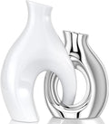White Silver Modern Abstract Ceramic Vases for Home Decor,Nordic Snuggle Hollow Design for Flowers Pampas Grass Decorative,for Living Room Coffee Table Centerpiece,Entrance,Console (White Silver)