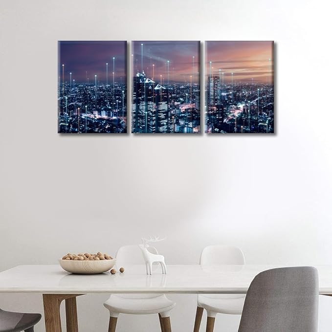 TUMOVO Modern City with Wireless Network Connection Wall Art Canvas Print 3 Pieces CPU Concept Artwork Wall Decor for Bedroom Technology Science Paintings Wall Art Framed Ready to Hang (36" Wx16 H)
