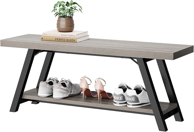 LVB Industrial Entryway Bench, Wood and Metal Storage Bench, Indoor Farmhouse Hallway Accent Entry Bench for Seating Sitting, Shoe Rack Organizer Cabinet in Foyer Bedroom, Light Grey Oak, 47 Inch Long