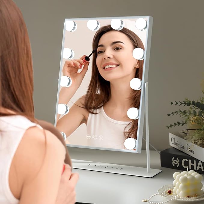 VANITII Lighted Vanity Hollywood Mirror with 12 Dimmable Bulbs Smart Touch Control 3 Colors Light for Tabletop, Detachable 10X Magnification