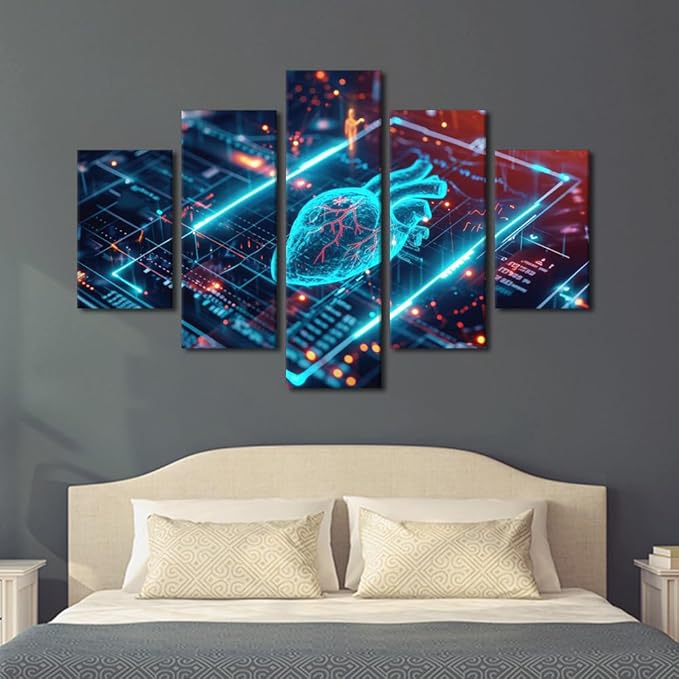 5 Panel Artificial Intelligence Canvas Printing Wall Art Large Wall Art for Living Room AI Generated Print Artwork Canvas Office Computer Screen Picture Framed Wall Art Office Bedroom 60" Wx40 H
