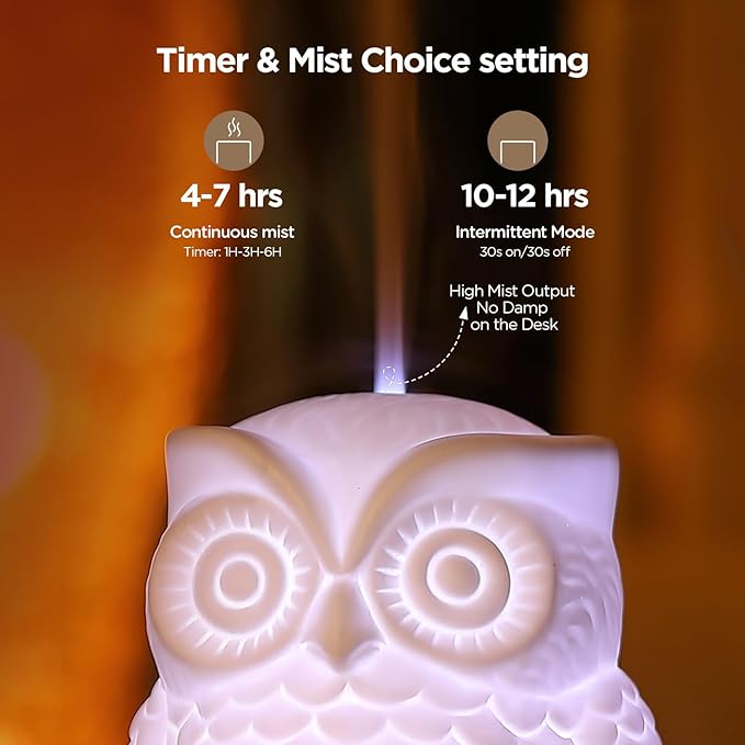 Owl Ceramic Aromatherapy Diffuser INRORANS 160ml Stone ultrasonic Cool Mist Scent Essential Oil Diffuser Humidifier with Intermittent Mist & LED 7 Colors Changing Night Light for Bedroom Office Home