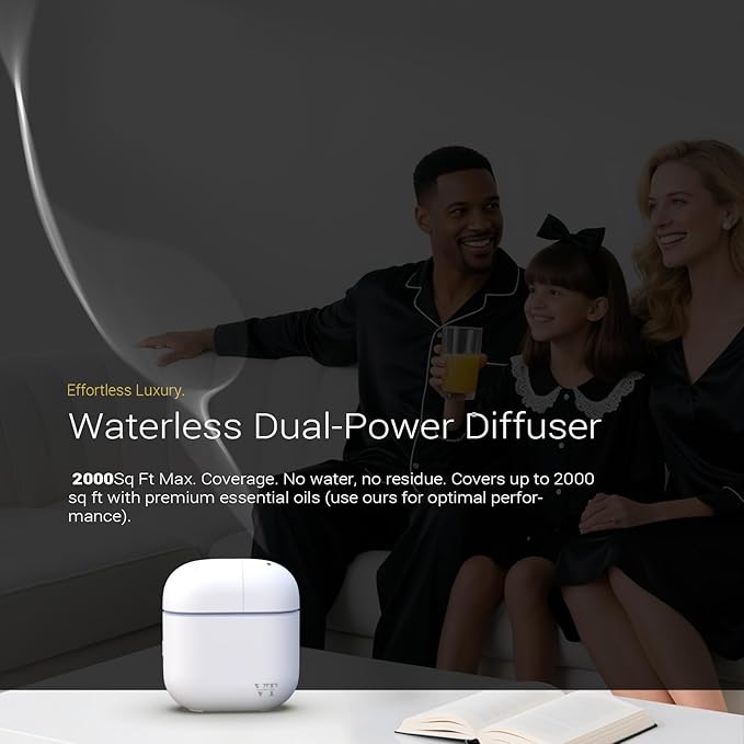 Waterless Essential Oil Diffuser Suit for 2000 Sq. Ft Includes 2 Premium Oils Room Home Hotel Office, Machine with Bluetooth App, Powerful Nanotechnology System Powered by Battery or Adapter