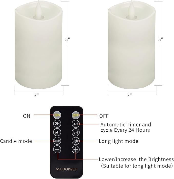 3" x 5" Flameless Candles Set of 2, 2AA Battery Life 600 Hours Battery Candles Flickering with Timer, 5 inch Flameless Candles with Remote for Indoor/Outdoor, White