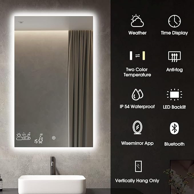 24x36 LED Bathroom Mirror with Bluetooth Wi-Fi Enabled Weather Display, Backlit Lighted Smart Vanity Mirror for Bathroom Wall with 2 Colors Dimmable, Anti-Fog, Touch Sensor- - Vertically Hang Only